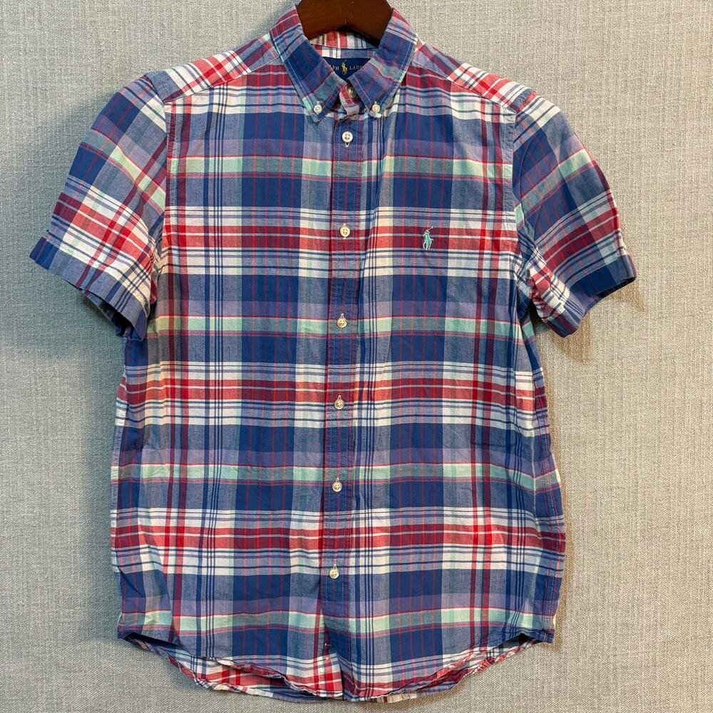 Ralph Lauren Polo Boys 18-20 XL Short Sleeve Button Down Multicolor Plaid Cotton